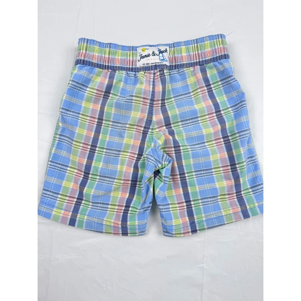 Janie and Jack Boys Blue Plaid Swim Trunks Size 3 Board Shorts Mesh Lined